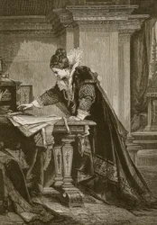 Queen Elizabeth Signing the Death Warrant of Mary Queen of Scots, Engraved by C. Butterworth